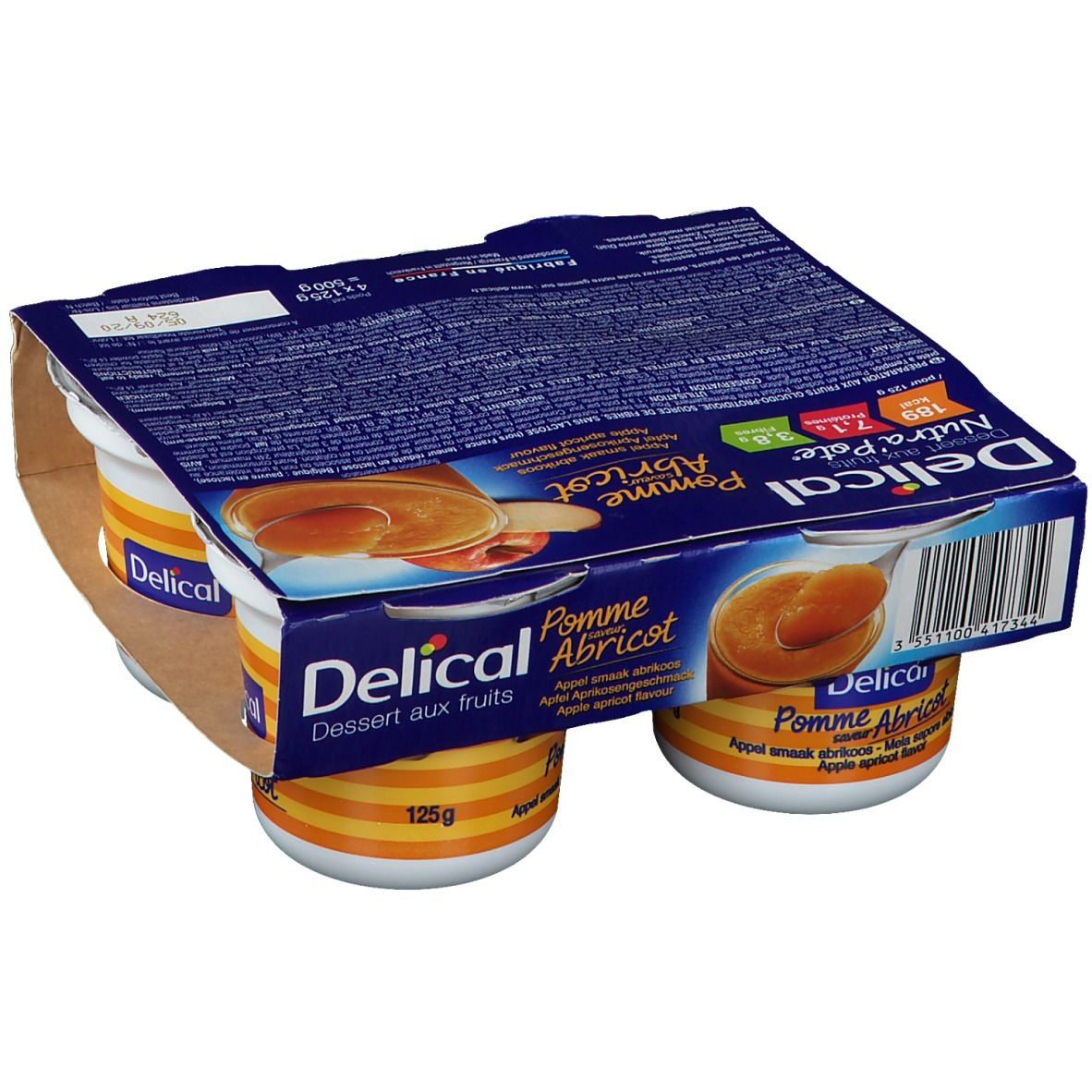 Emballage de quatre pots Delical Nutra'pote Pomme Abricot. Pots avec couvercles, emballés dans du carton. Informations nutritionnelles imprimées.