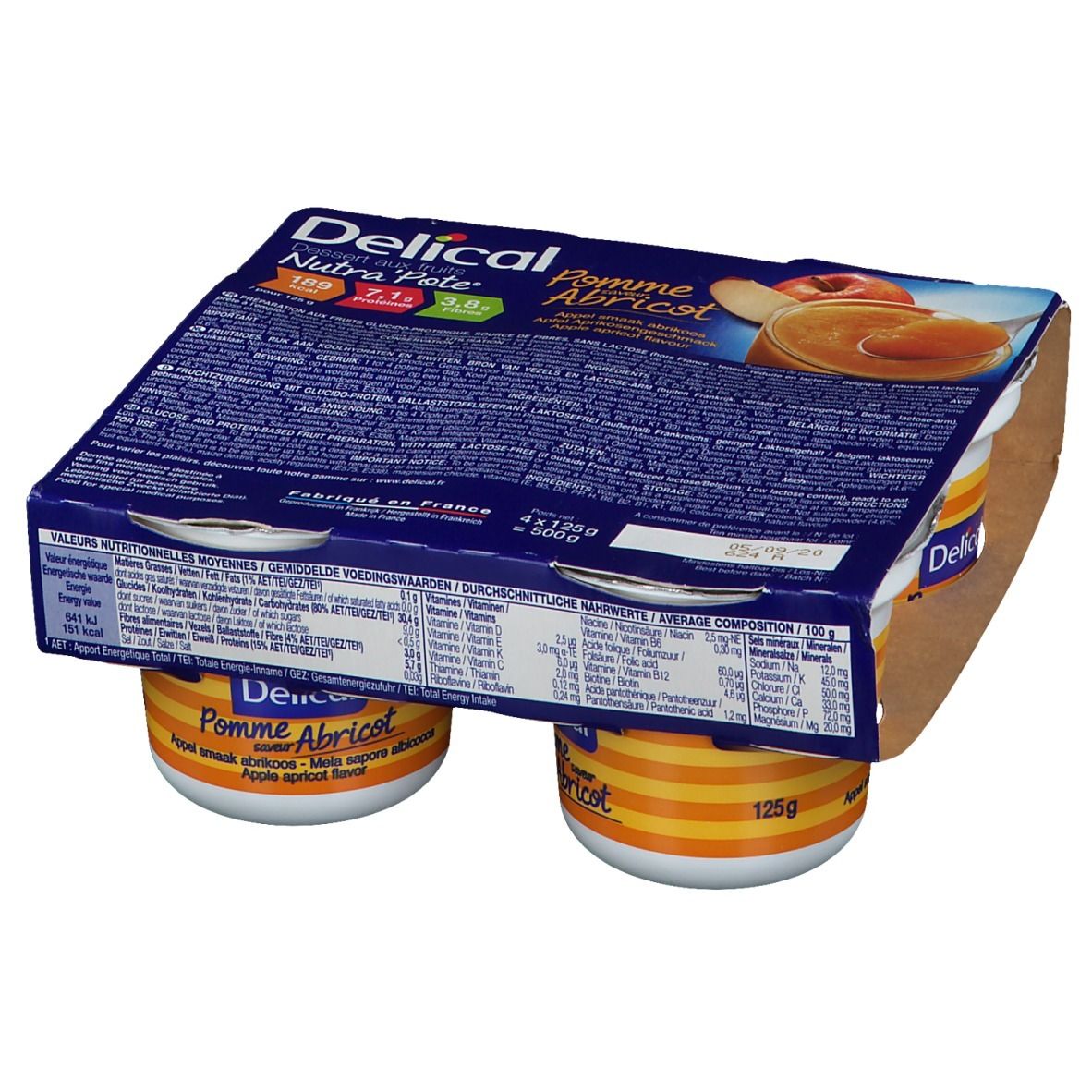 Emballage de quatre pots Delical Nutra'pote Pomme Abricot. Pots avec couvercles, emballés dans du carton. Informations nutritionnelles imprimées.
