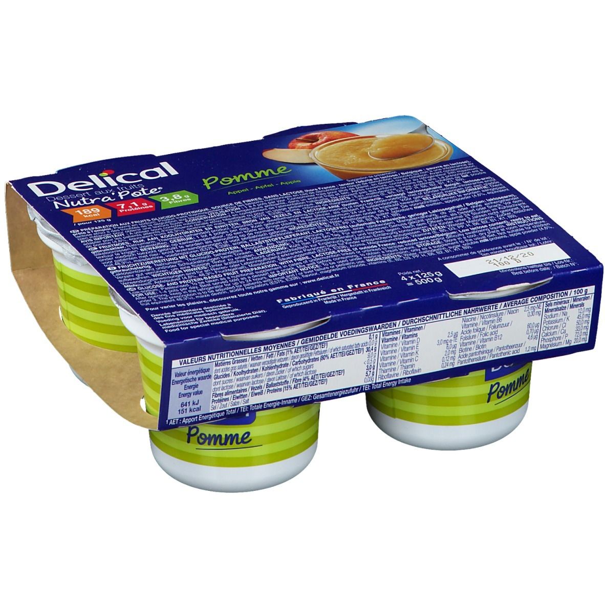 Emballage de quatre pots Delical Nutra'pote Pomme. Pots à rayures vertes. Emballage carton avec informations produit.