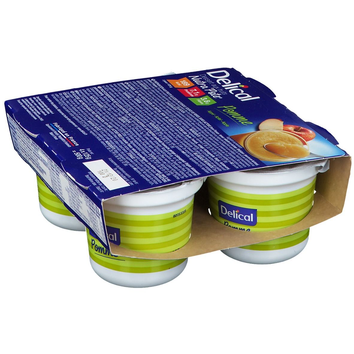 Emballage de quatre pots Delical Nutra'pote Pomme. Pots à rayures vertes. Emballage carton avec informations produit.