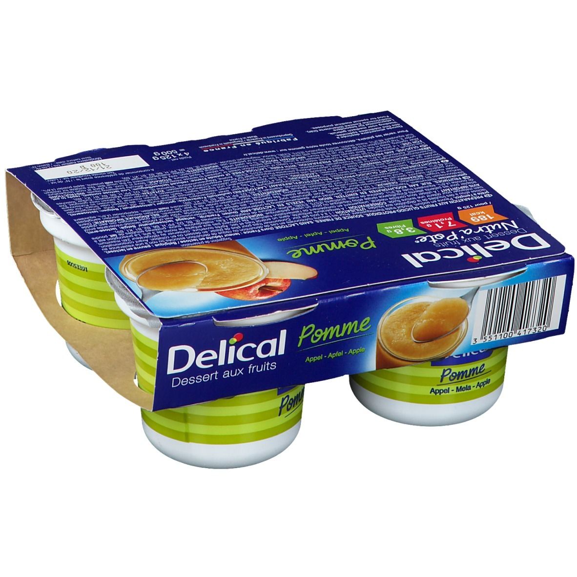 Emballage de quatre pots Delical Nutra'pote Pomme. Pots à rayures vertes. Emballage carton avec informations produit.
