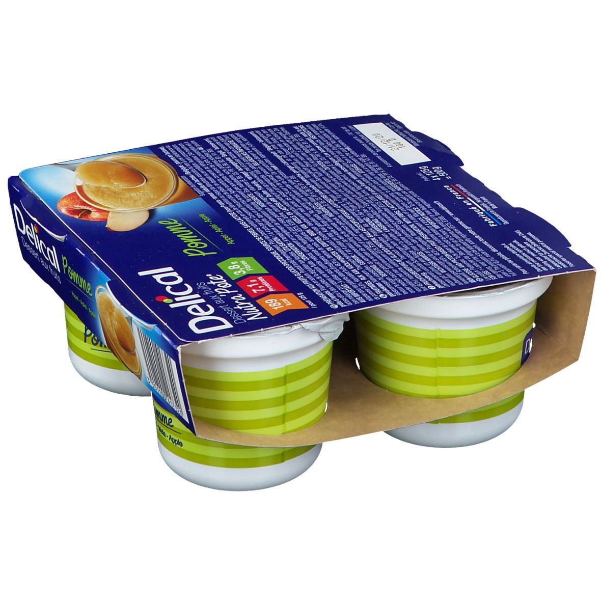 Emballage de quatre pots Delical Nutra'pote Pomme. Pots à rayures vertes. Emballage carton avec informations produit.