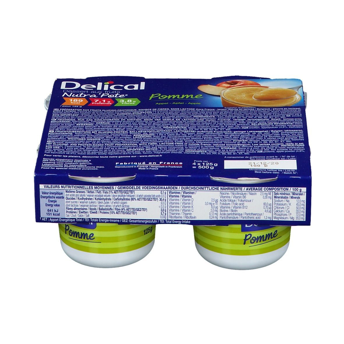 Emballage de quatre pots Delical Nutra'pote Pomme. Pots à rayures vertes. Emballage carton avec informations produit.