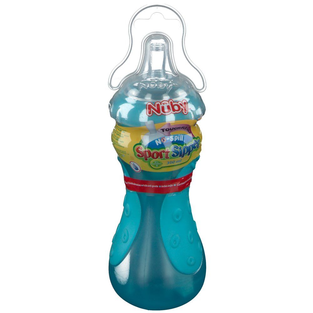 Bouteille d'eau turquoise avec poignées et paille. Étiquettes jaunes et rouges avec informations. Couvercle transparent.