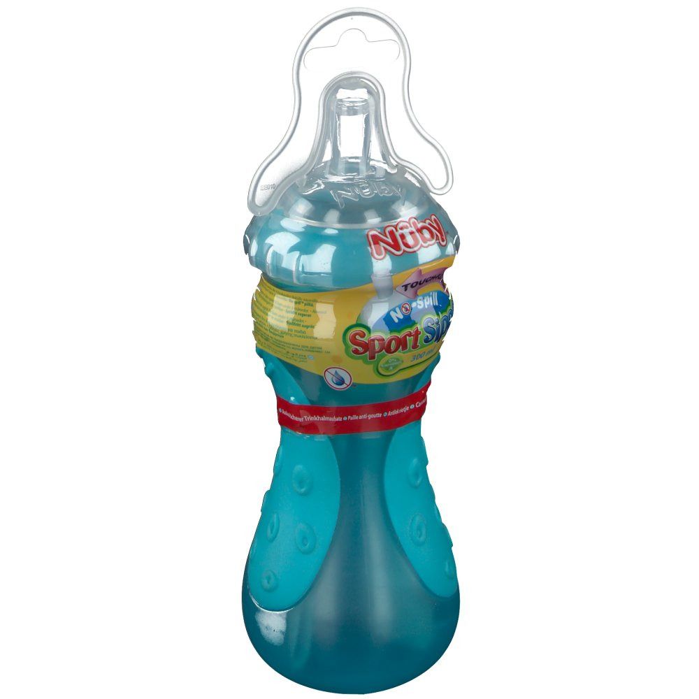 Bouteille d'eau turquoise avec poignées et paille. Étiquettes jaunes et rouges avec informations. Couvercle transparent.