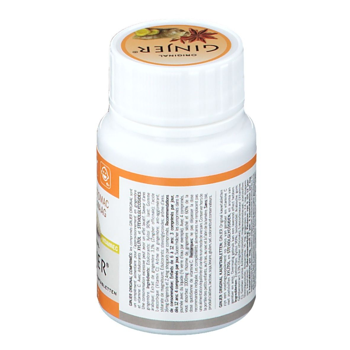 Flacon blanc de comprimés. Inscription : GINJER Original. Dos avec texte. Vegan. Vitamine C. 50 comprimés/Kautabletten.