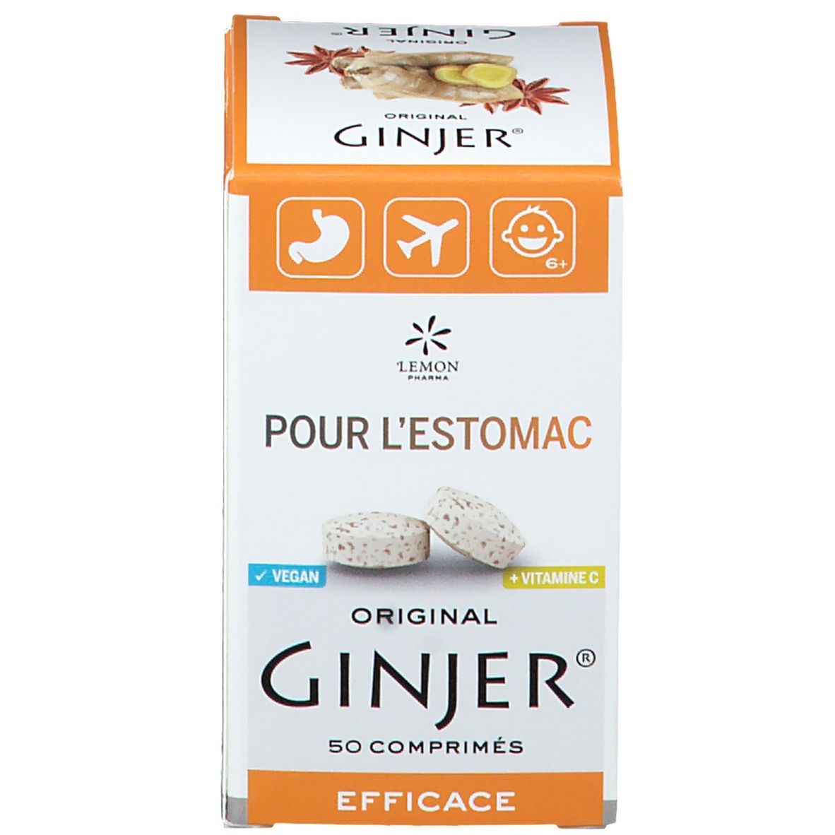 Emballage du produit. Inscription : GINJER Original. Texte : Pour l'estomac, Voor de Maag. Vegan. Vitamine C. 50 comprimés/Kautabletten.