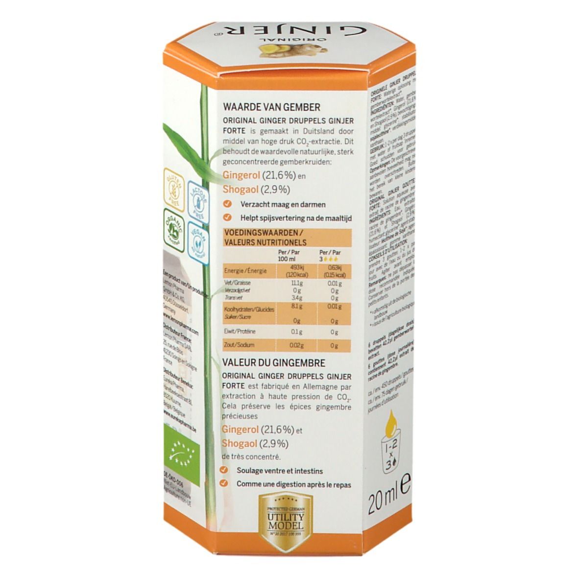 Dos de l'emballage Ginjer Original Forte Gouttes. Texte sur les ingrédients et valeurs nutritionnelles. Label bio et Utility Model.