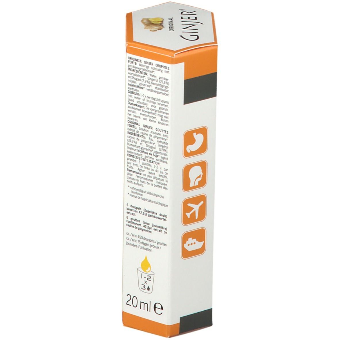 Côté de l'emballage Ginjer Original Forte Gouttes. Texte, icônes et indication 20ml. Instructions de dosage.