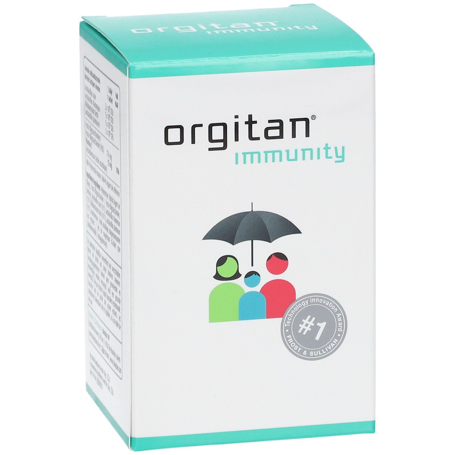 Boîte orgitan® immunity. Logo famille sous parapluie. Texte: immunity. #1 Frost & Sullivan.