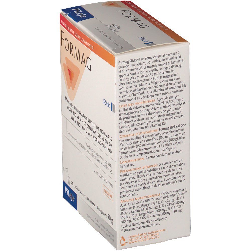 Vue latérale de la boîte Formag. Texte: Formag Stick, Pileje. Contient magnésium, taurine, vitamine B6, D3. Informations sur l'utilisation et les ingrédients.