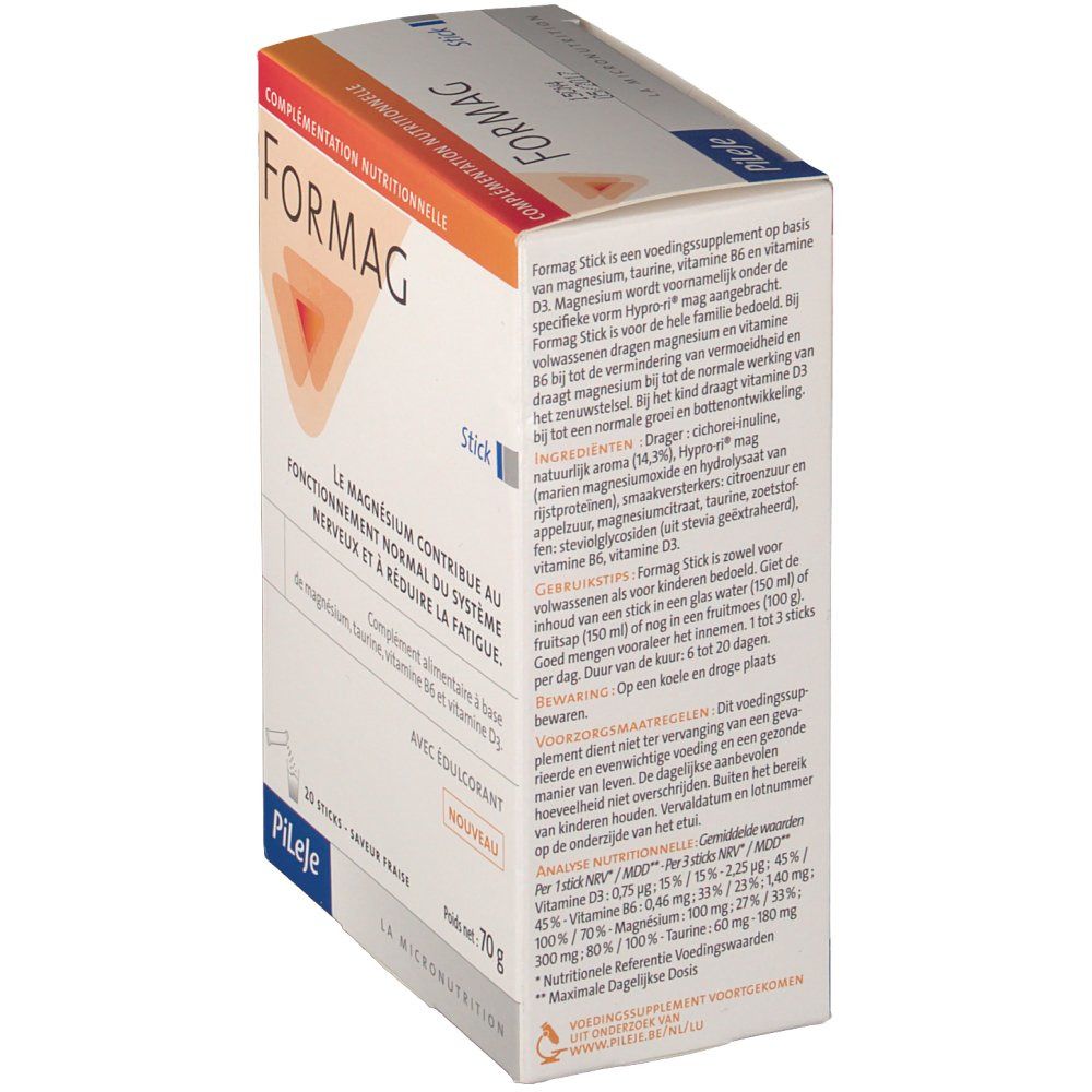 Vue latérale de la boîte Formag. Texte: Formag Stick, Pileje. Contient magnésium, taurine, vitamine B6, D3. Goût: Fraise. Informations d'utilisation.
