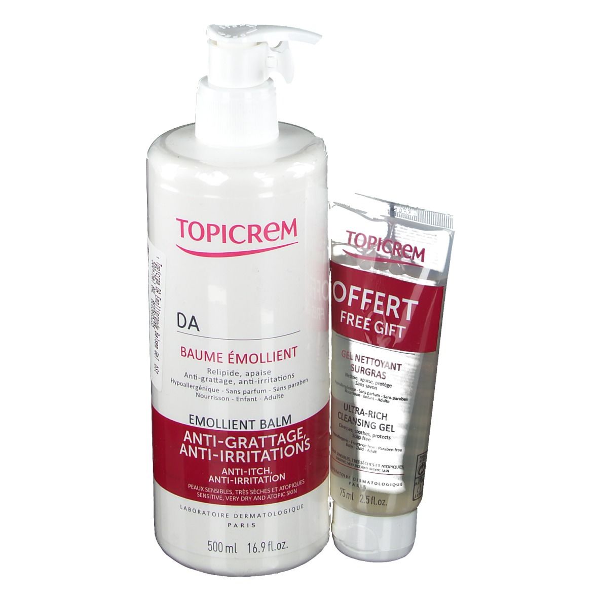Flacon blanc et tube. Le flacon porte TOPICREM DA, Baume Émollient. Le tube indique OFFERT.