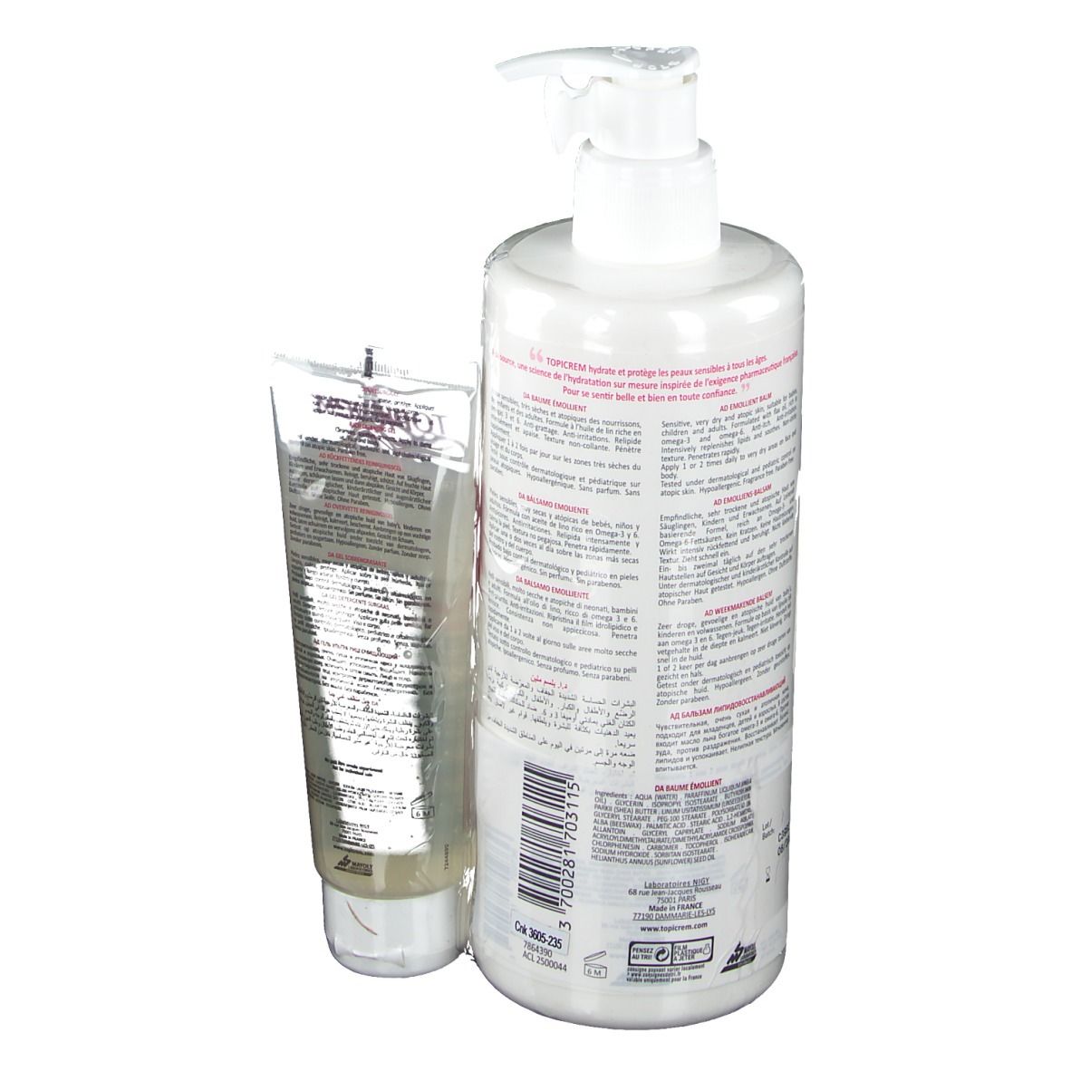 Vue arrière du flacon et du tube. Flacon avec texte. Tube avec texte.