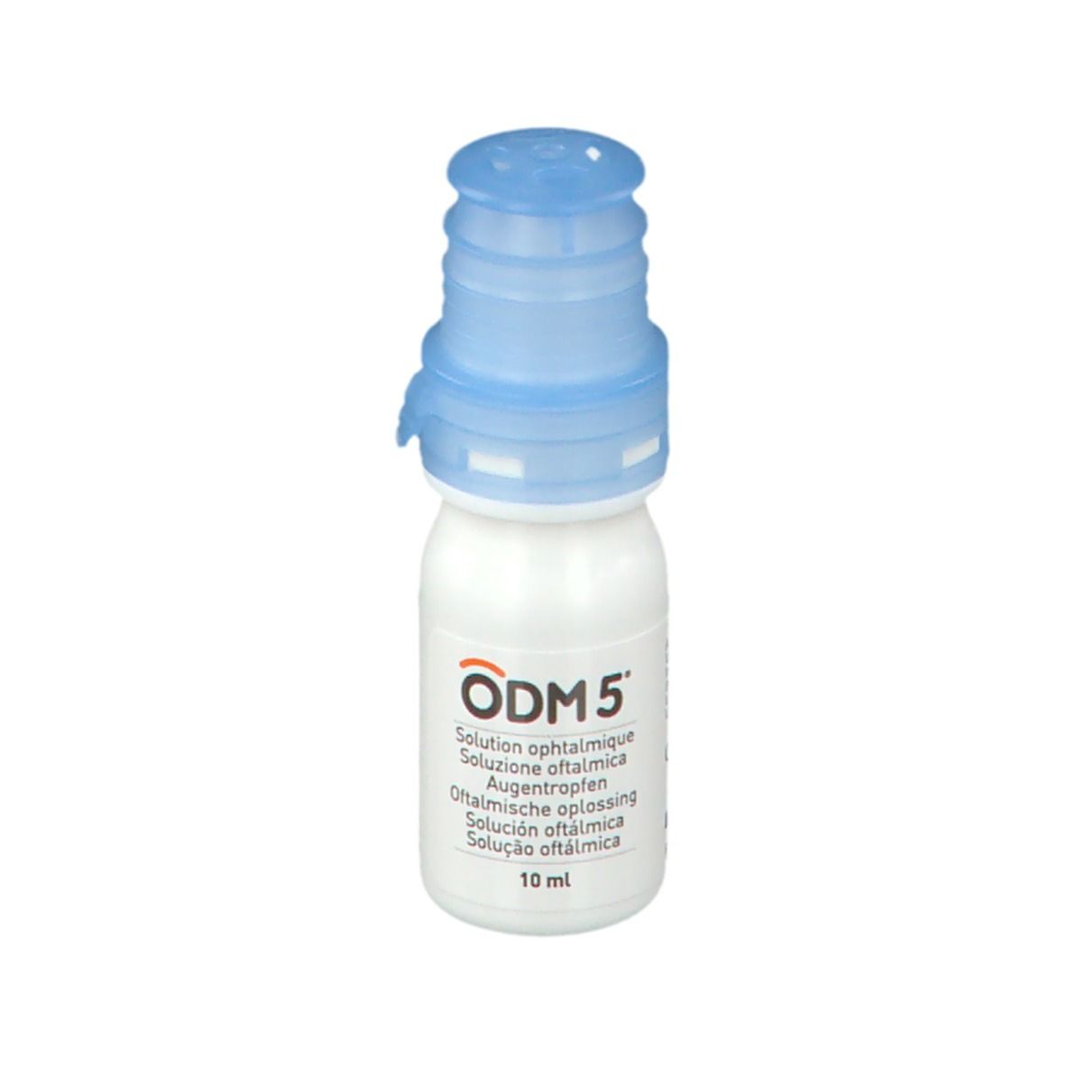 Flacon de gouttes ophtalmiques blanc avec bouchon bleu. Inscription: ODM 5, solution ophtalmique, 10 ml.