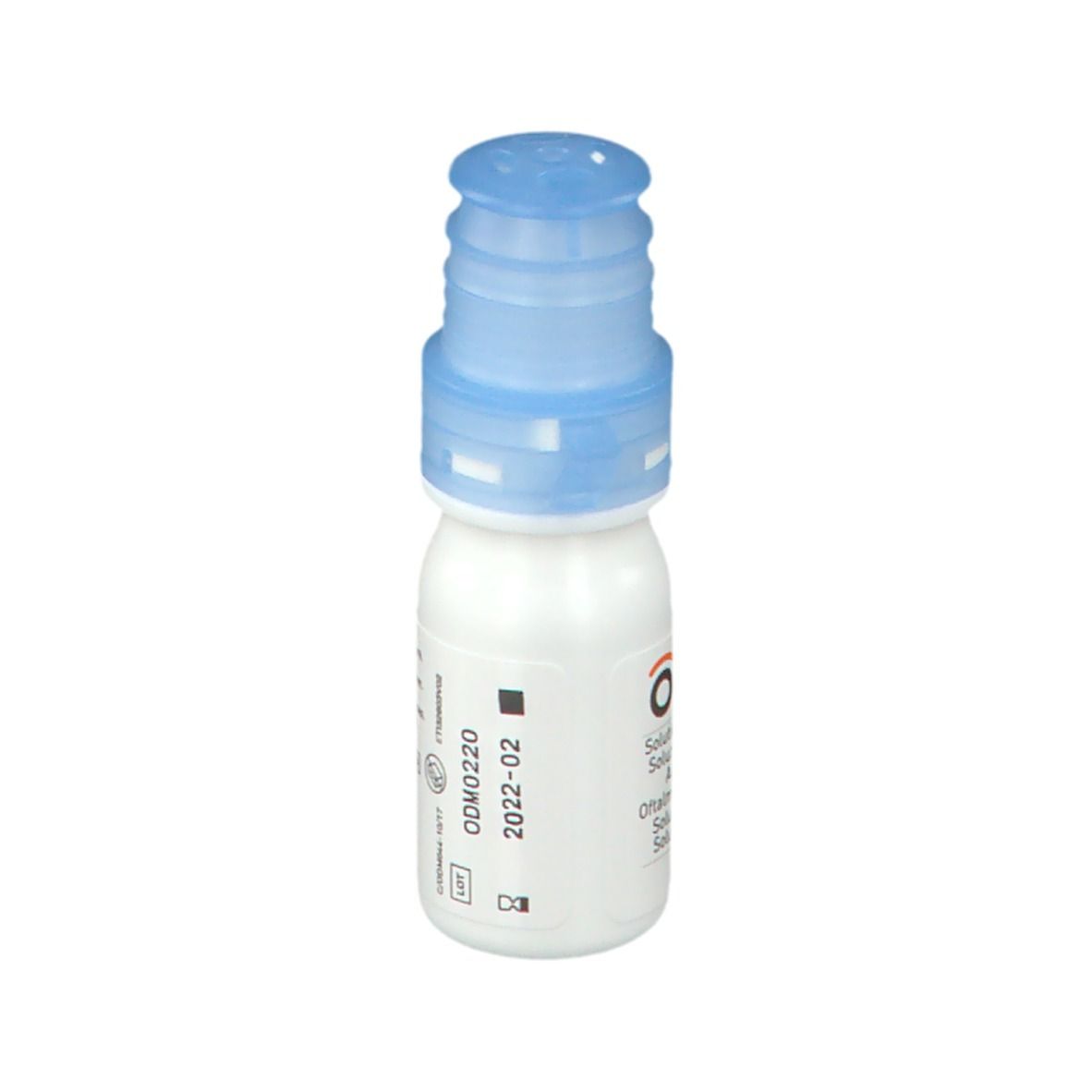 Flacon de gouttes ophtalmiques blanc avec bouchon bleu. Inscription: ODM 5. Texte au dos et numéro de lot.