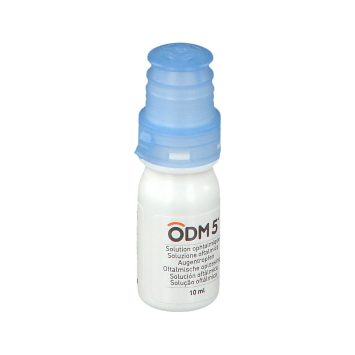 Flacon de gouttes ophtalmiques blanc avec bouchon bleu. Inscription: ODM 5, solution ophtalmique, 10 ml.