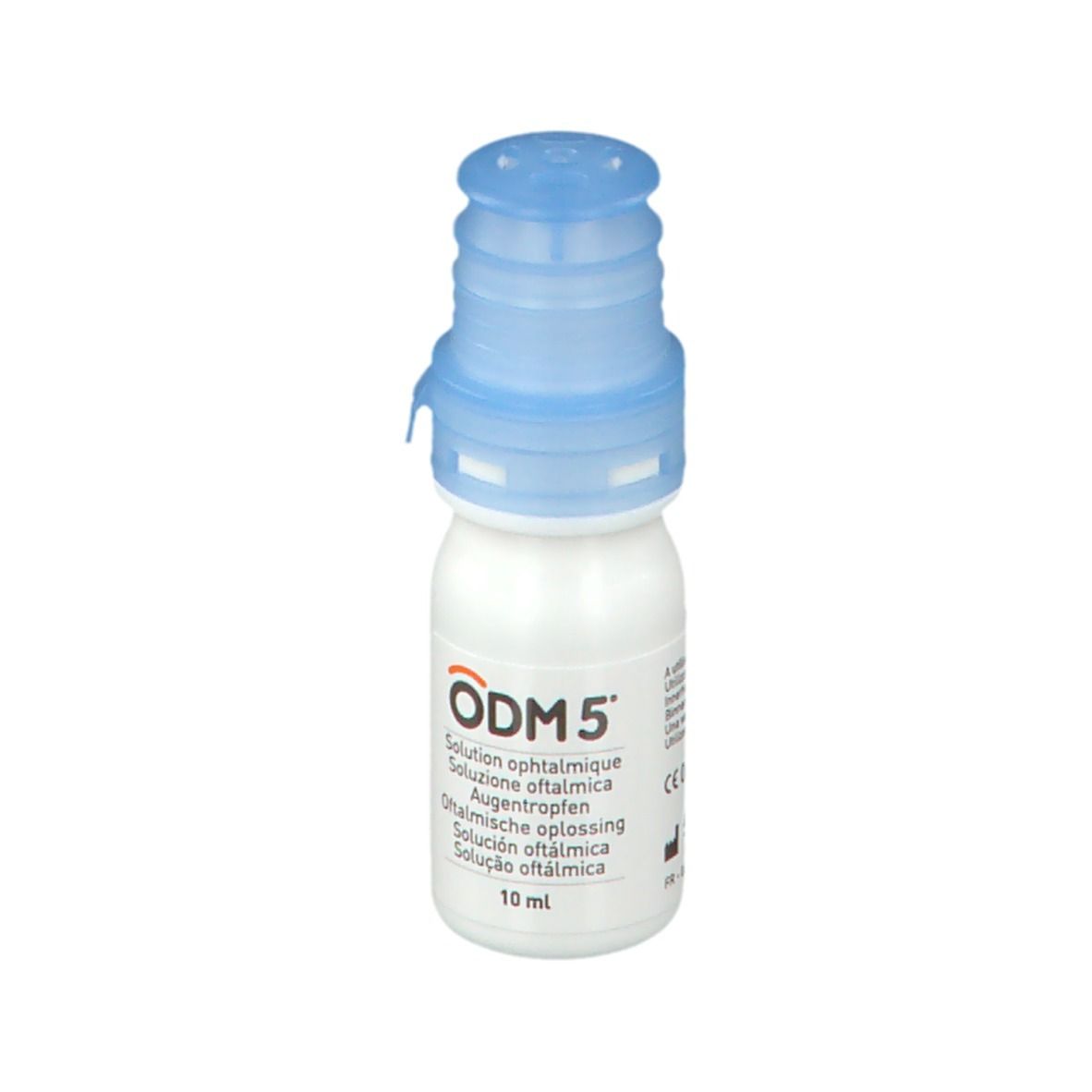 Flacon de gouttes ophtalmiques blanc avec bouchon bleu. Inscription: ODM 5, solution ophtalmique, 10 ml.