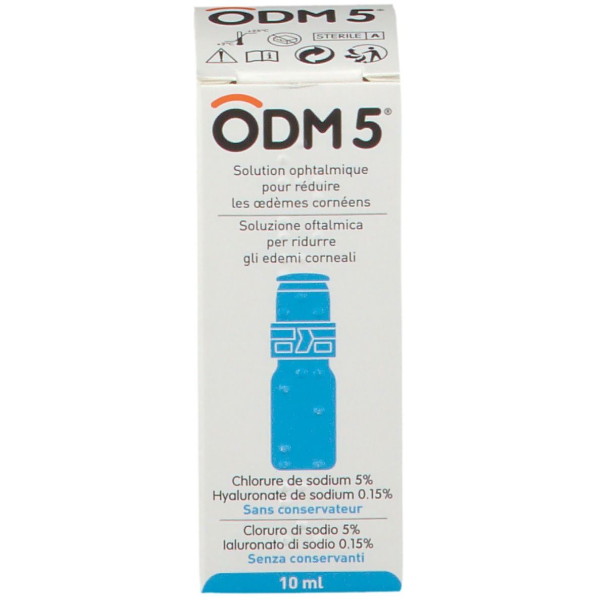 Emballage blanc avec design bleu. Inscription: ODM 5. Contient des informations sur les ingrédients et l'utilisation.