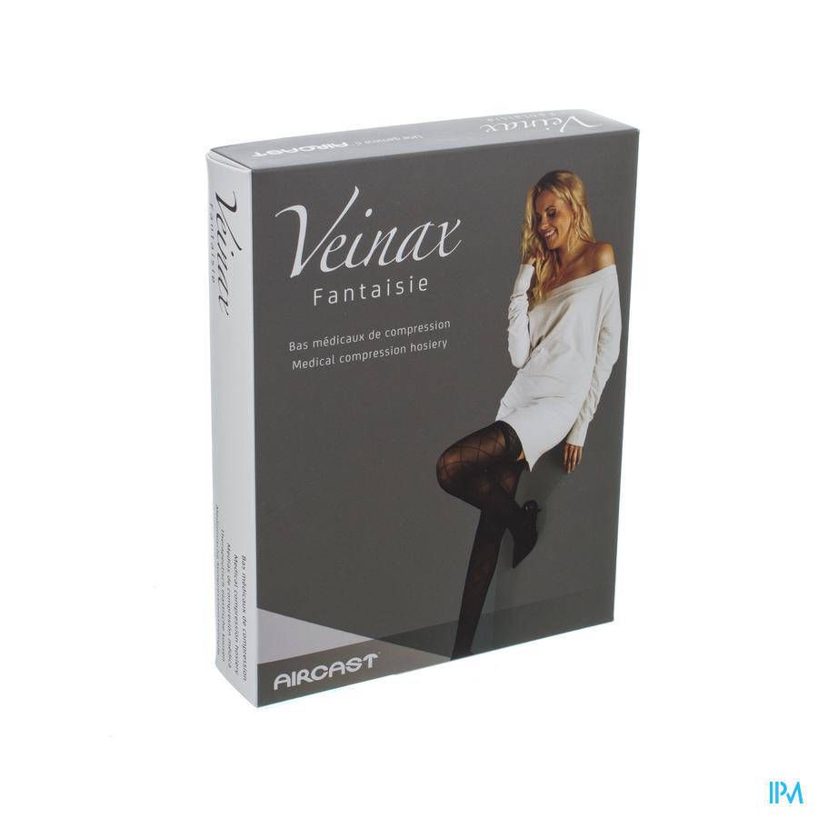 Boîte de bas de compression médicaux Veinax Fantaisie. Motif losange noir. Texte: Bas médicaux de compression, Medical compression hosiery.