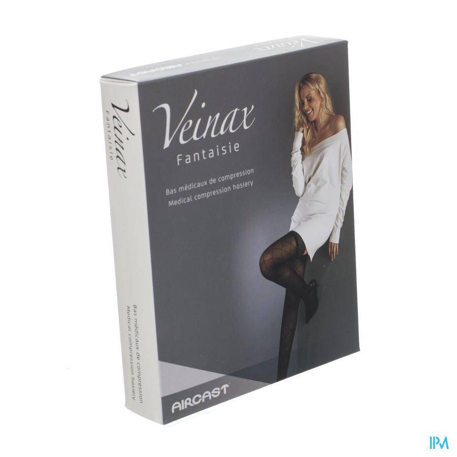 Boîte de bas de compression Veinax Fantaisie. Inscription: marque, nom du produit, modèle, bas noirs.