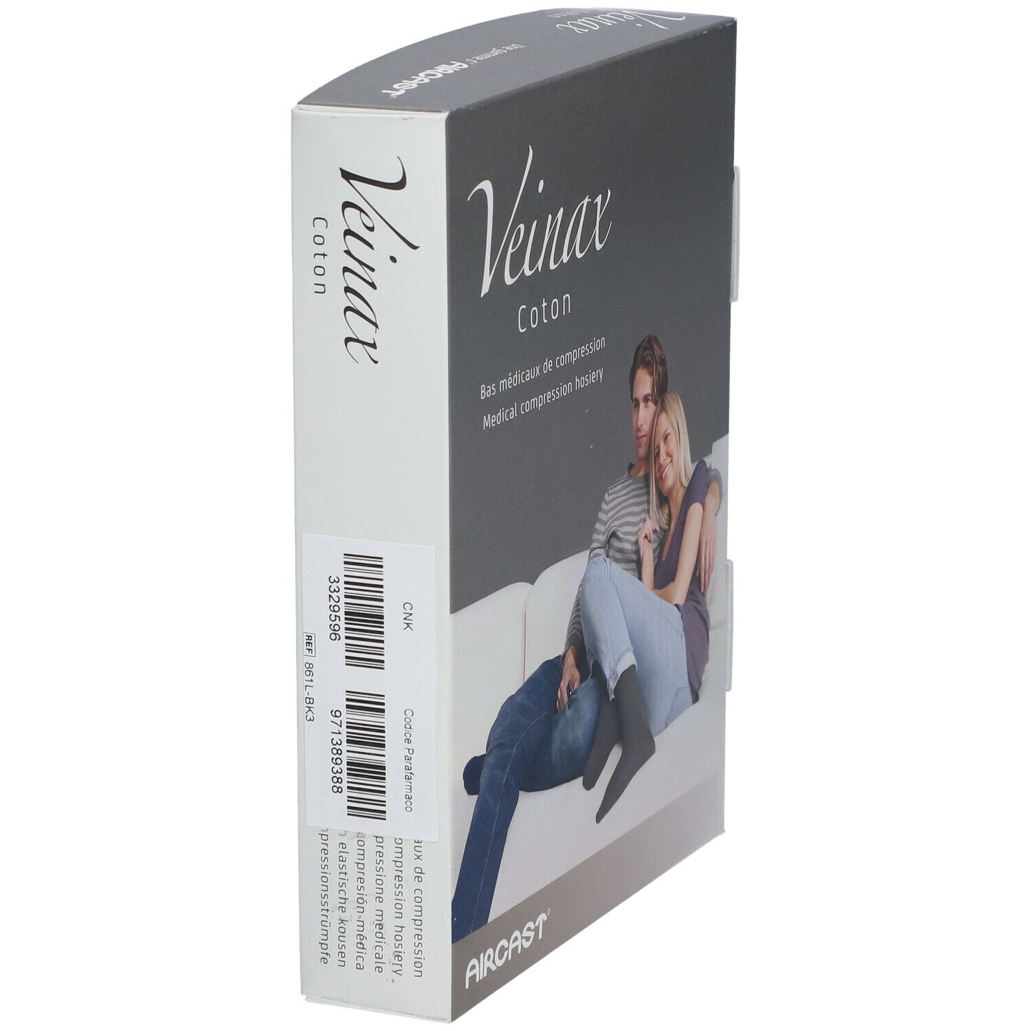 Vue latérale de l'emballage Veinax Coton. Code-barres et informations produit visibles.