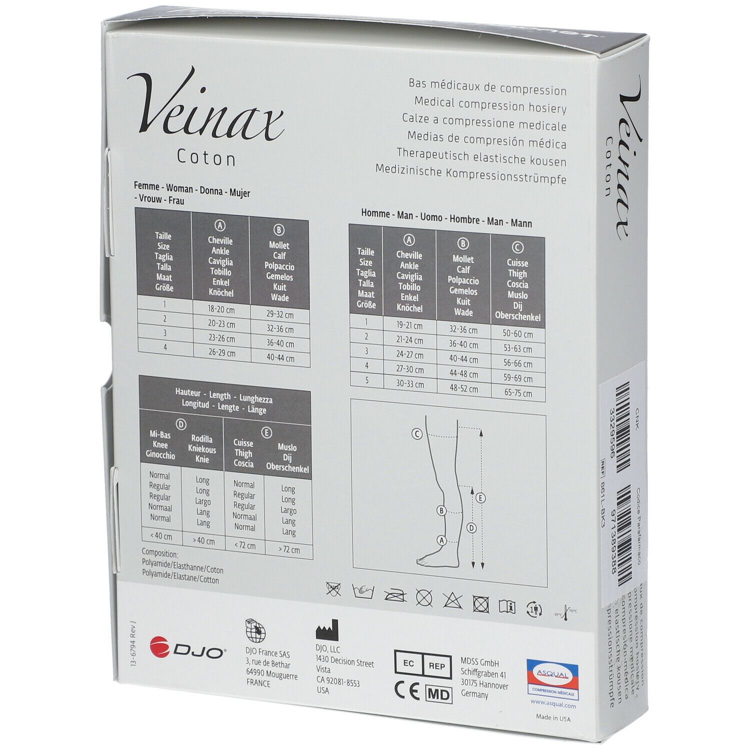 Dos de l'emballage Veinax Coton. Tableaux avec tailles et informations sur le produit.