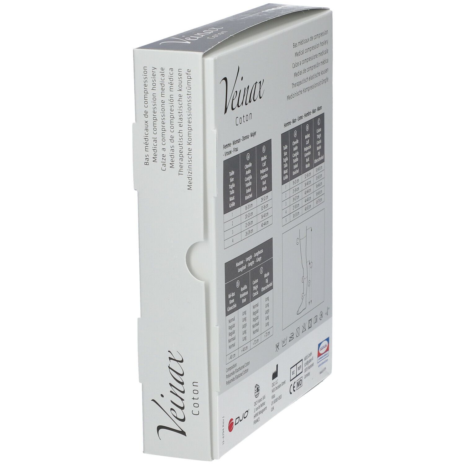 Vue latérale de l'emballage Veinax Coton. Informations sur le produit et tailles.