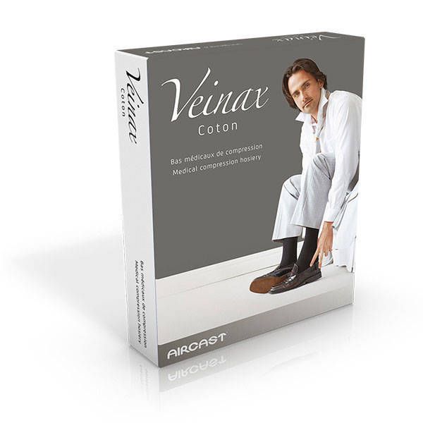Bas médicaux de compression Veinax Coton pour homme, bleus, taille 4, représentés sur l'emballage.