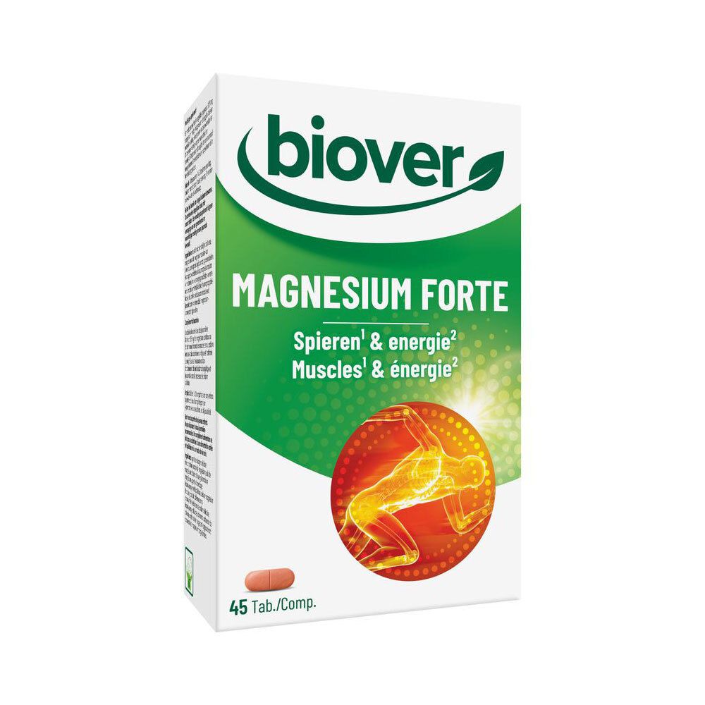 Emballage Biover Magnesium Forte de 45 comprimés. Boîte verte et blanche avec une illustration du corps humain.