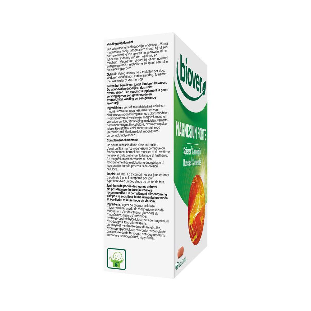 Dos de l'emballage Biover Magnesium Forte avec informations nutritionnelles et ingrédients en français.