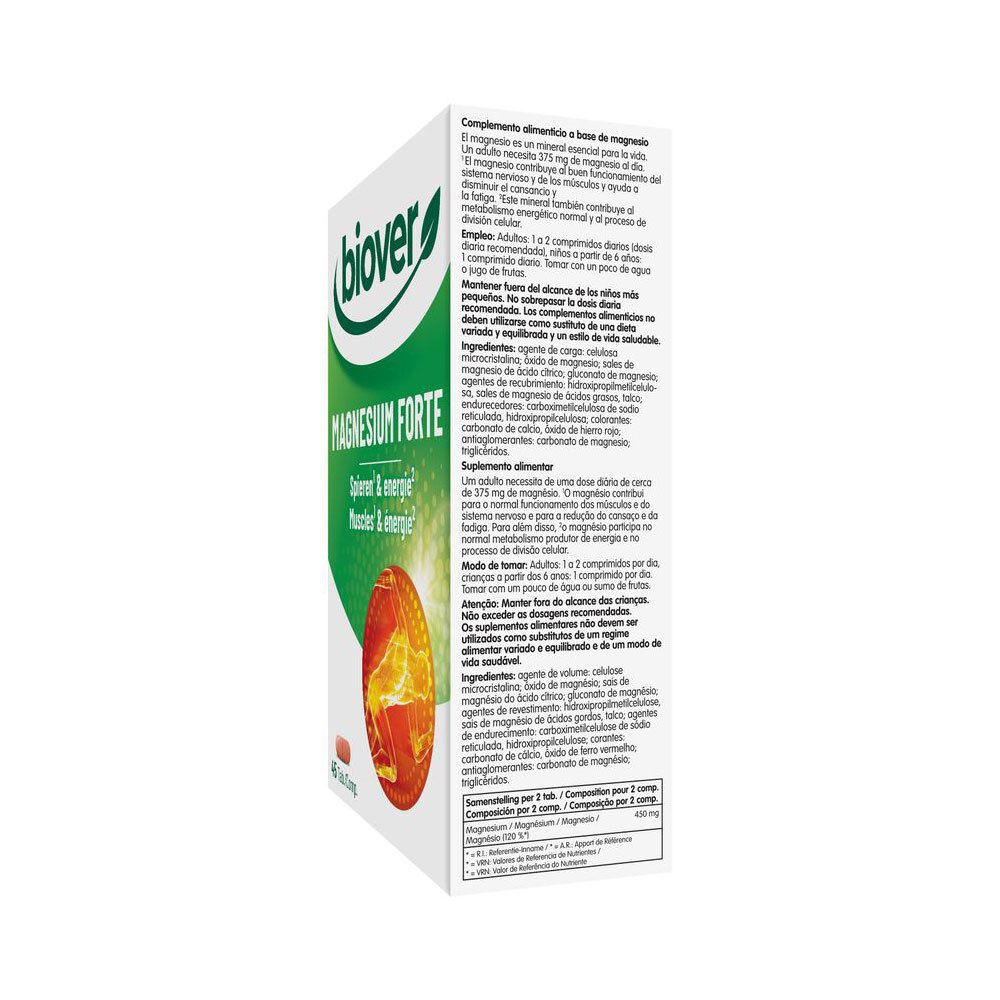 Côté de l'emballage Biover Magnesium Forte avec informations en français et en espagnol.
