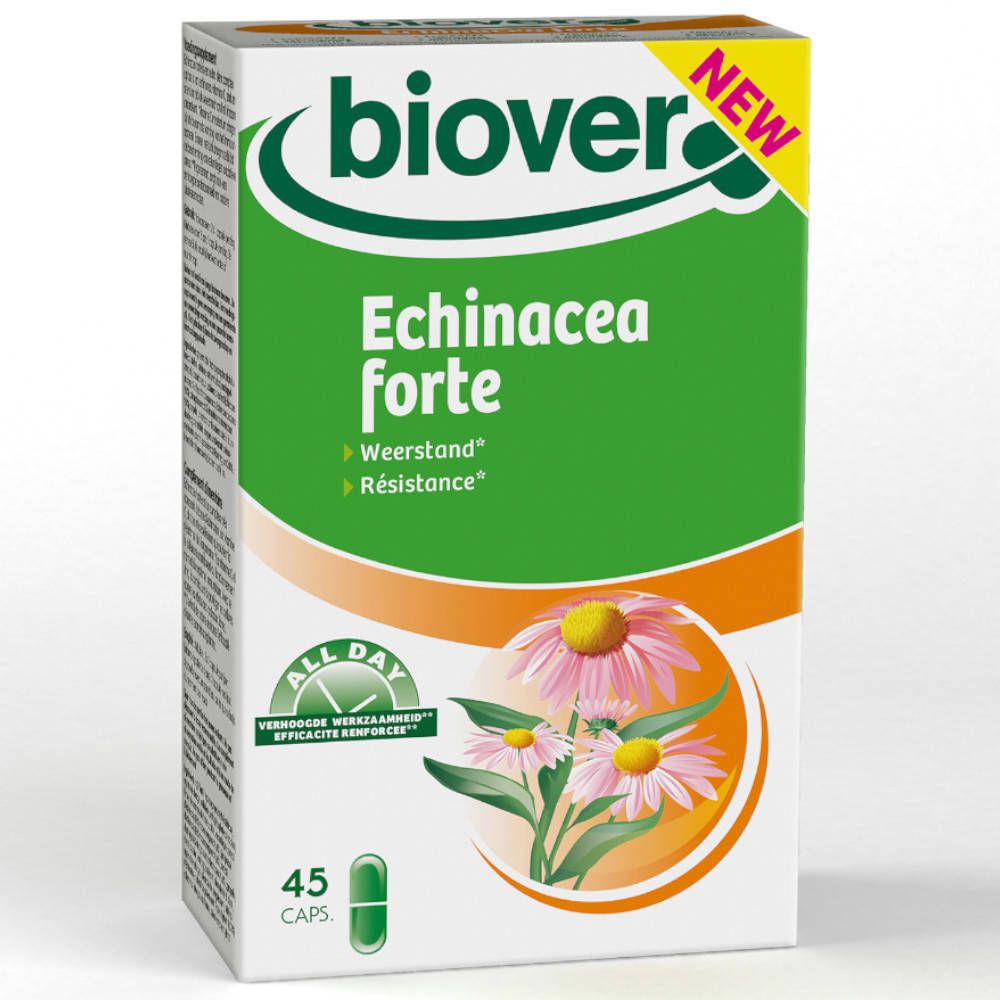 Boîte Biover Echinacea Forte. Vert et blanc, nom du produit et illustrations. Contient 45 capsules.