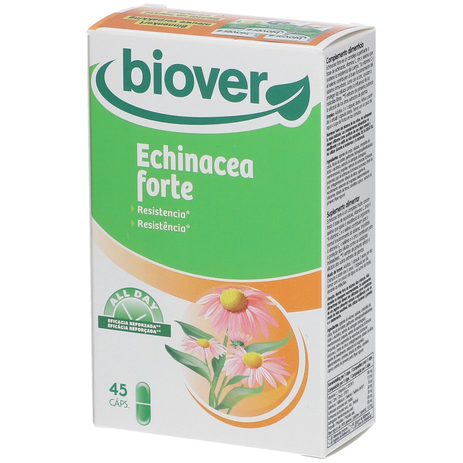 Boîte Biover Echinacea Forte. Vert et blanc, nom du produit et illustrations. Contient 45 capsules.