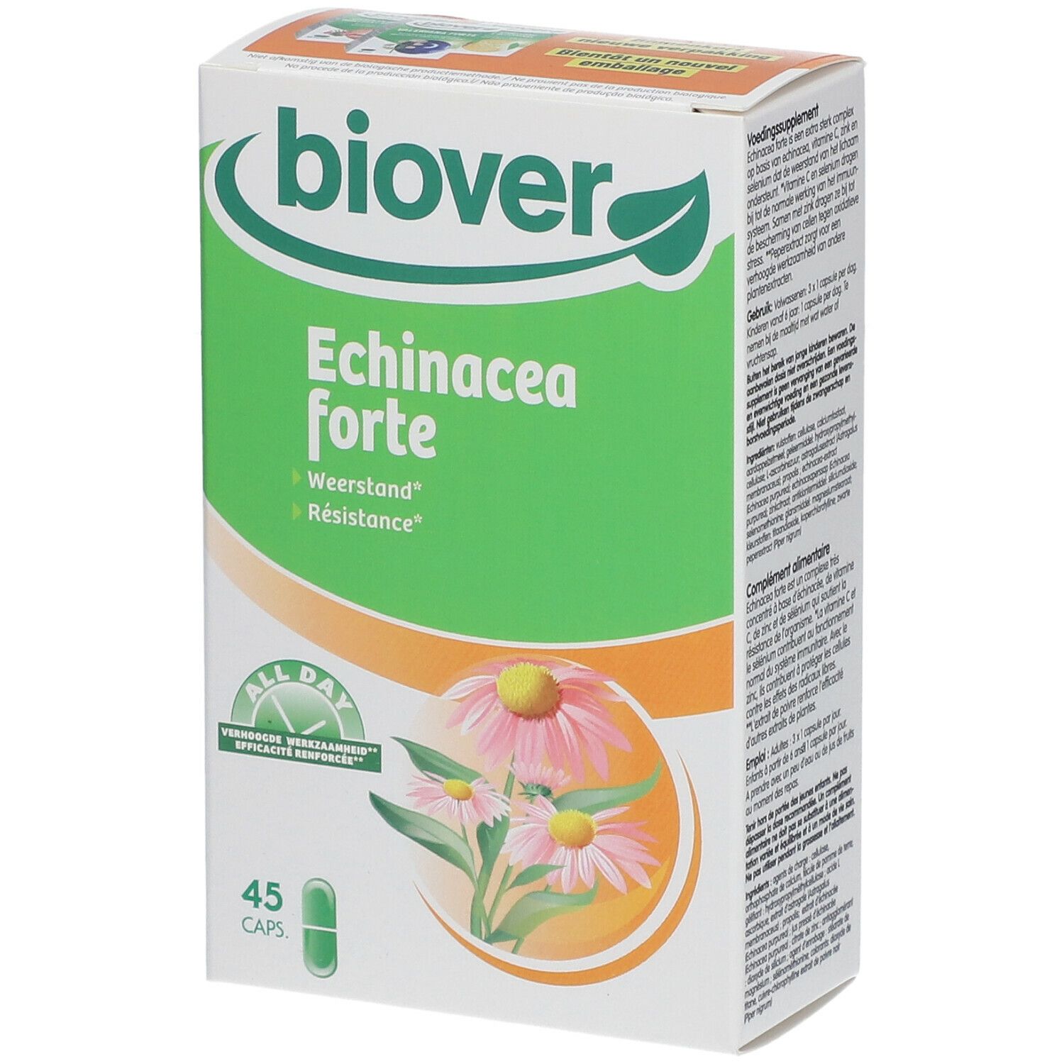 Boîte Biover Echinacea Forte. Vert et blanc, nom du produit et illustrations. Contient 45 capsules.