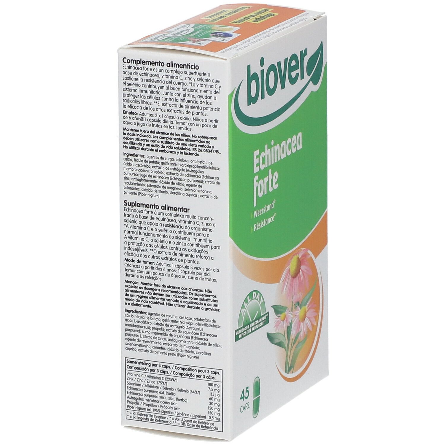 Boîte Biover Echinacea Forte. Vert et blanc, nom du produit et illustrations. Contient 45 capsules.