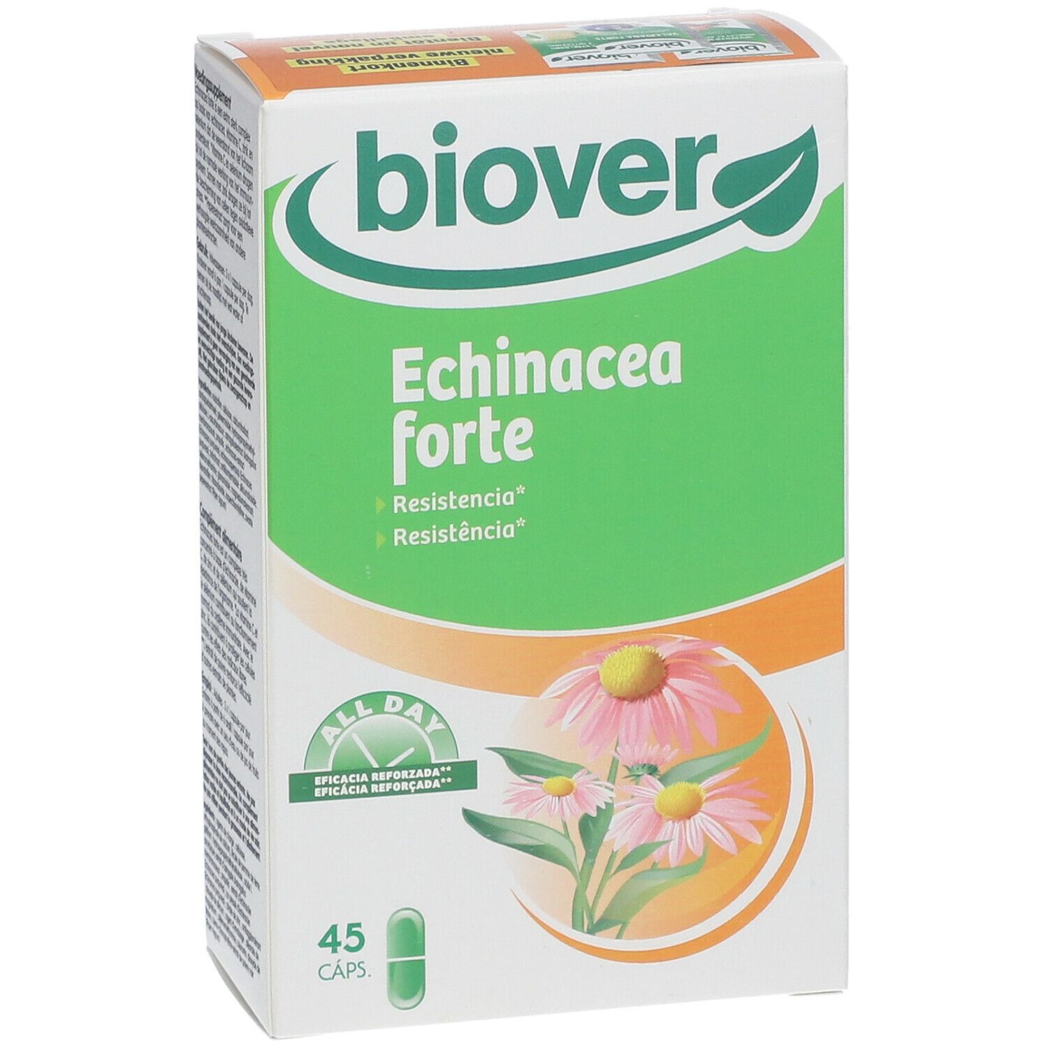 Boîte Biover Echinacea Forte. Vert et blanc, nom du produit et illustrations. Contient 45 capsules.