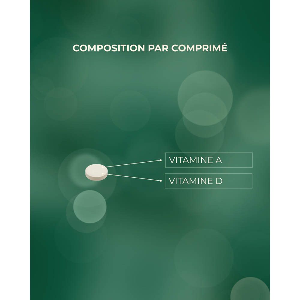 Image avec texte sur les bienfaits des Vitamines A&D. Comprimé illustré.