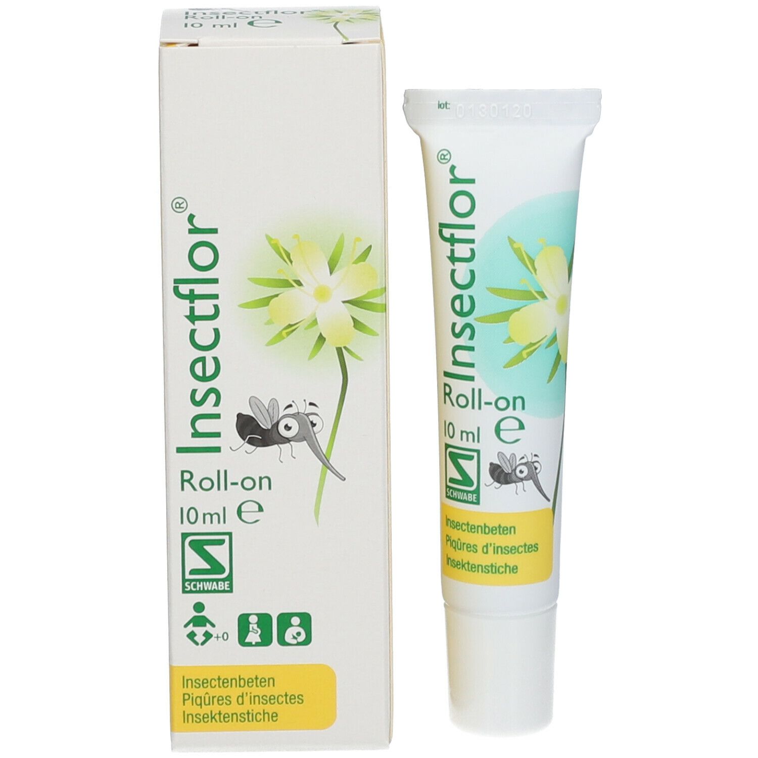 Boîte et tube. Inscription: Insectflor, Roll-on, 10 ml. Illustration d'une fleur et d'un insecte. Logo.