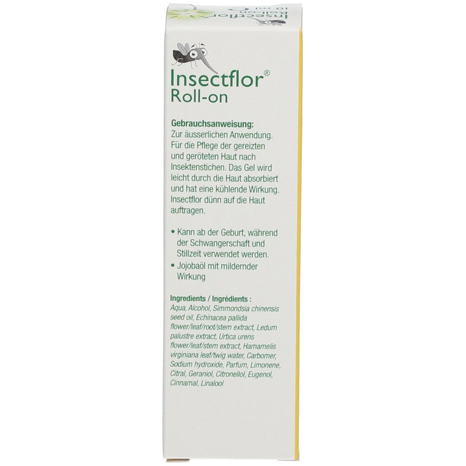 Boîte, jaune. Inscription: Insectflor, Roll-on. Mode d'emploi en allemand. Ingrédients.