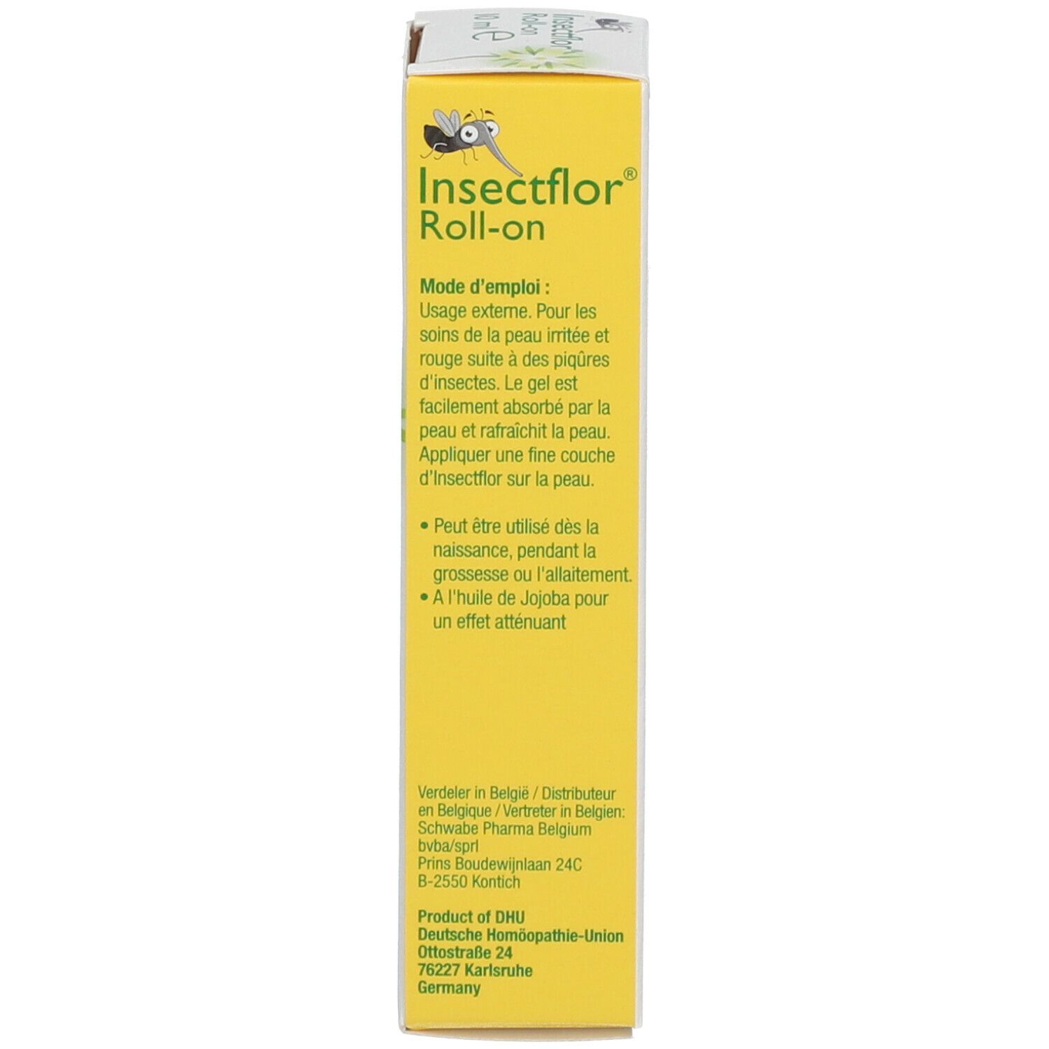 Boîte, jaune. Inscription: Insectflor, Roll-on. Mode d'emploi en français.