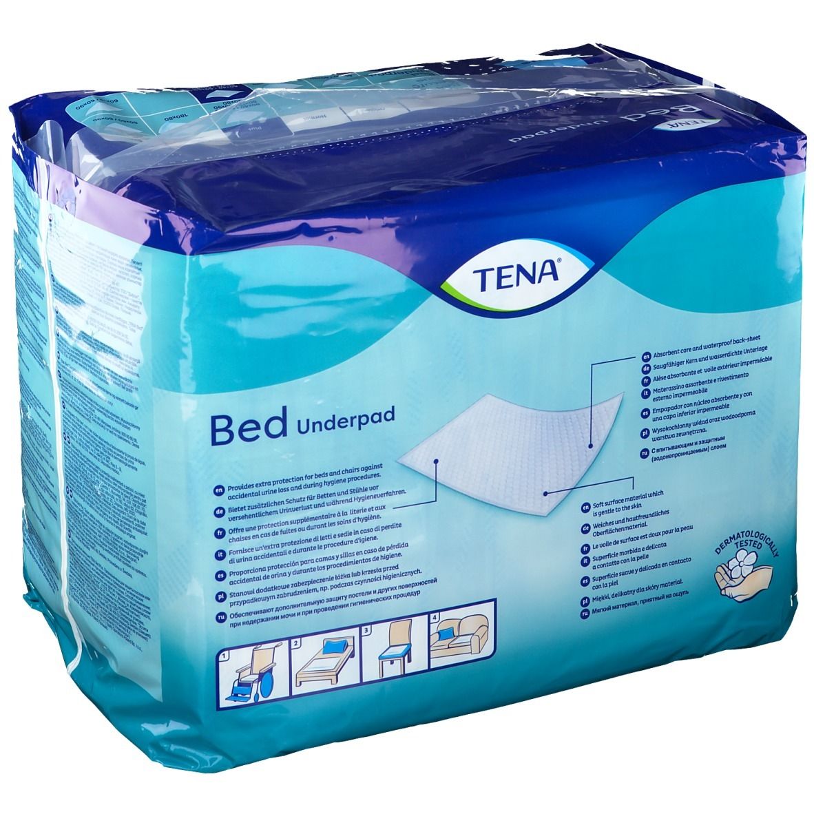 Emballage TENA Bed Underpad Plus. Emballage bleu avec nom et logo du produit. Illustrations d'utilisation.