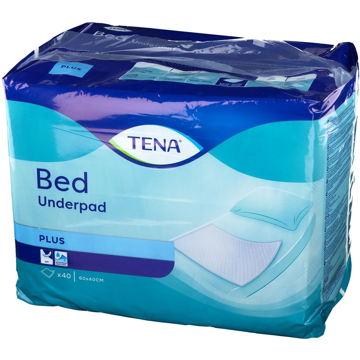 Emballage TENA Bed Underpad Plus. Emballage bleu avec nom et logo du produit. Taille 40x60cm.