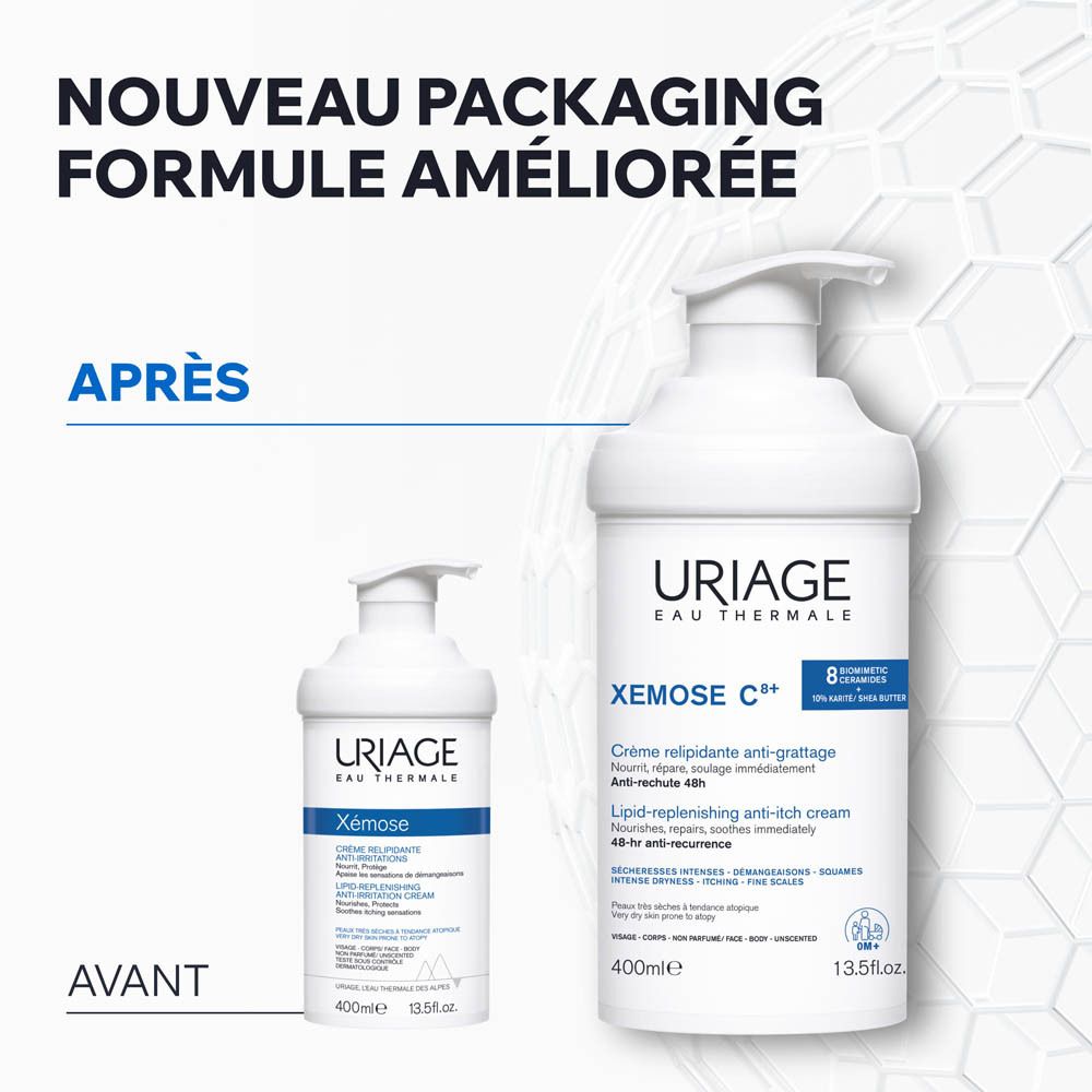 Flacon blanc avec pompe. URIAGE Xémose C+ Crème. 48h anti-récidive.