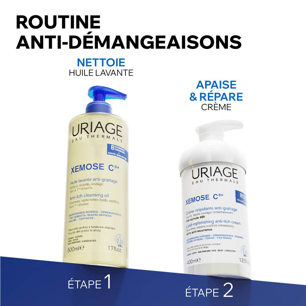 Routine anti-démangeaisons. Huile et crème Uriage Xémose.