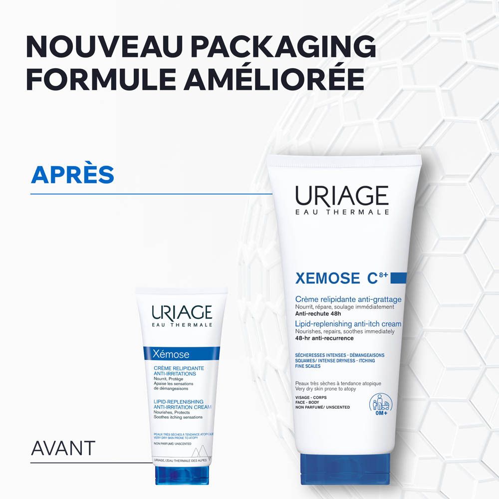 Comparaison avant-après. Crème Uriage Xémose, formule améliorée.