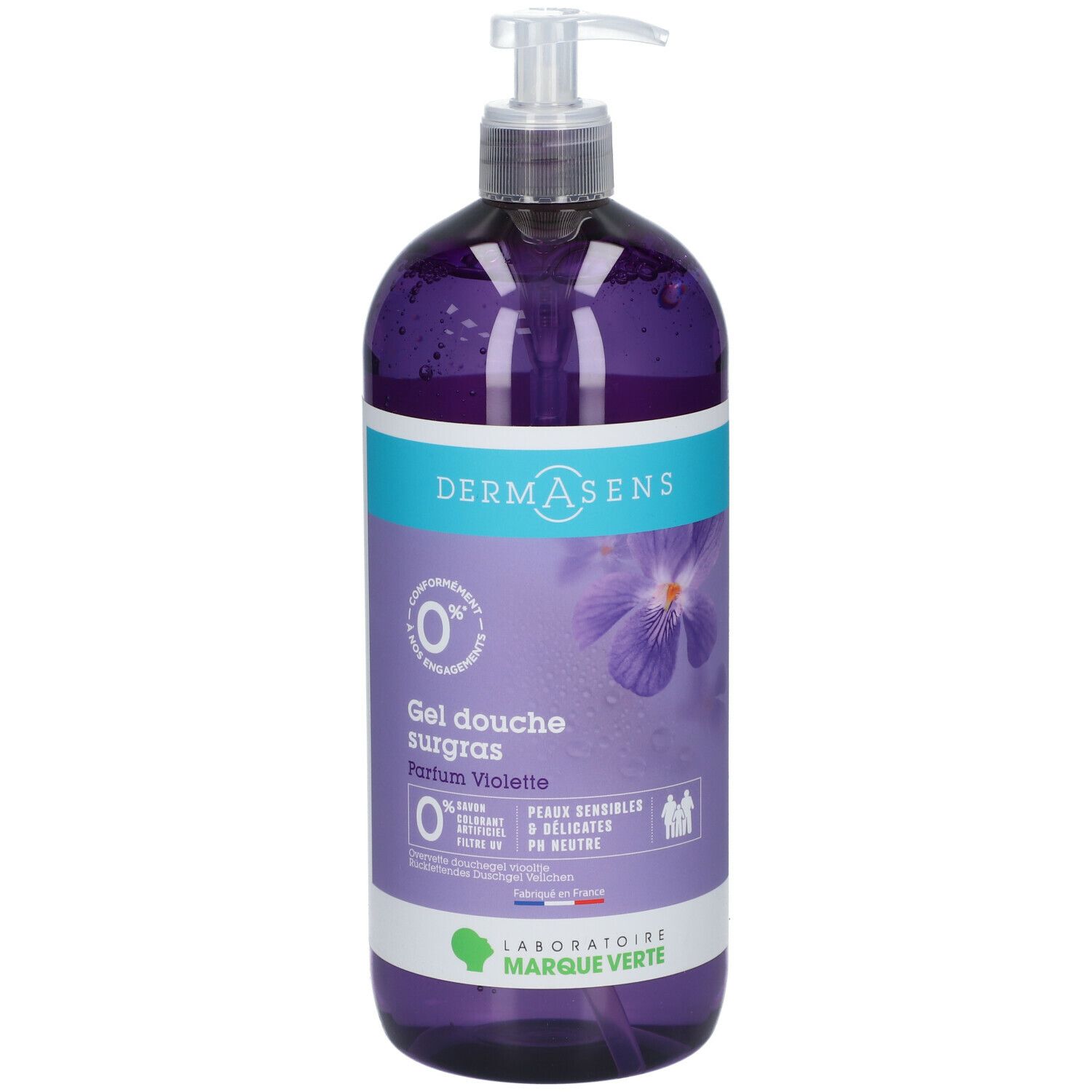 Flacon de gel douche violet. Inscription: DermAsens, Gel douche surgras, Parfum Violette. Avec pompe.