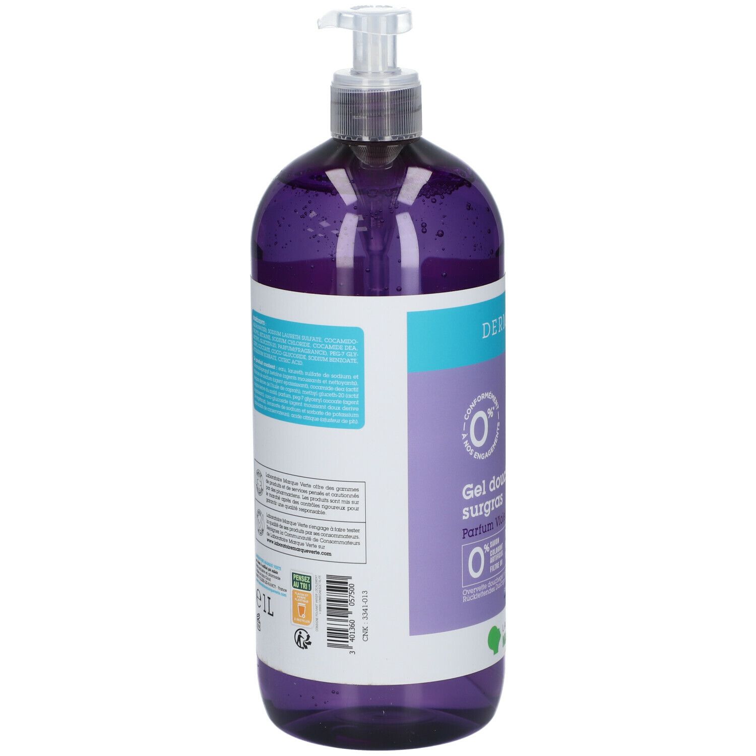 Dos du flacon de gel douche violet. Texte multilingue. Avec pompe. Étiquette avec ingrédients.