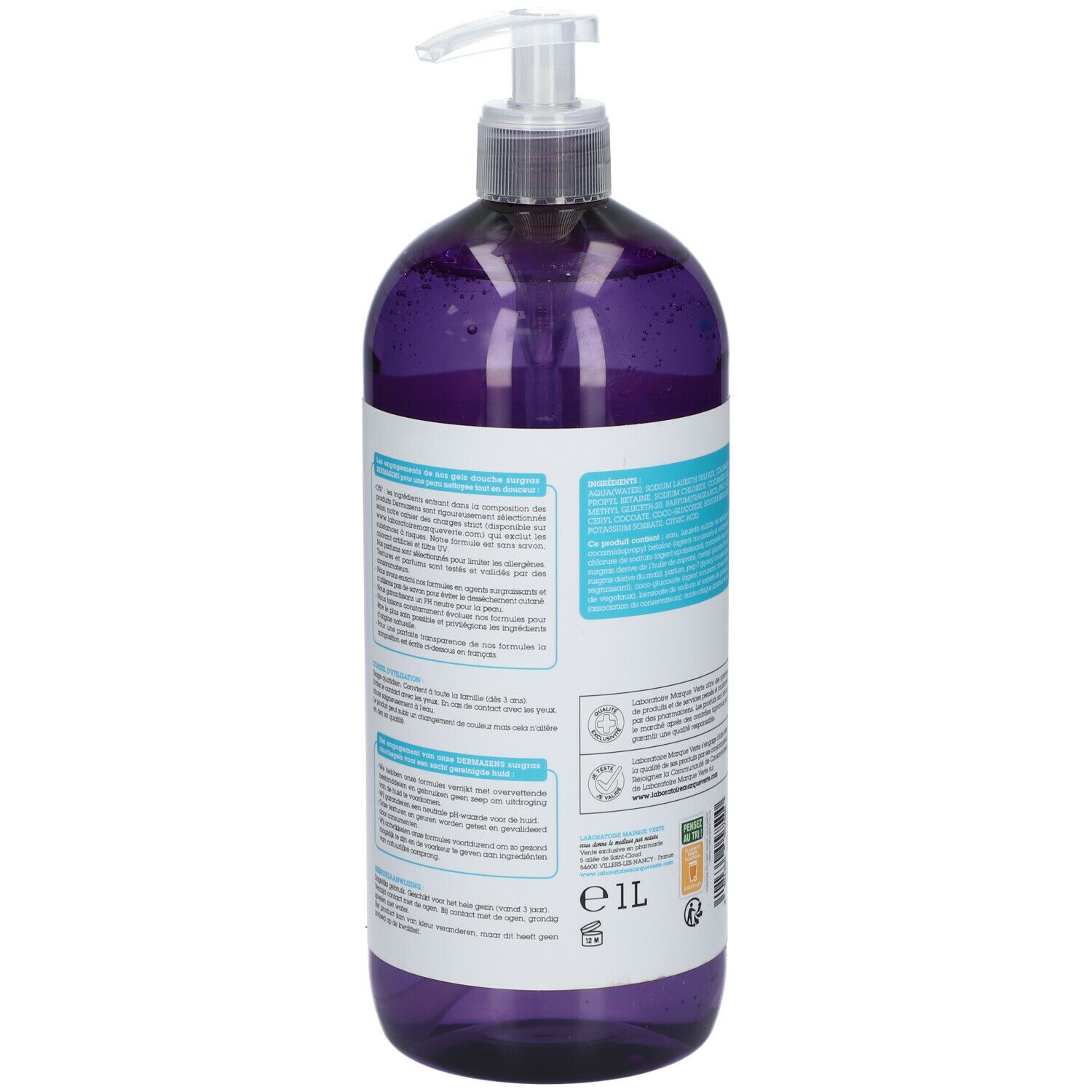 Dos du flacon de gel douche violet. Texte multilingue. Avec pompe. Étiquette avec ingrédients.