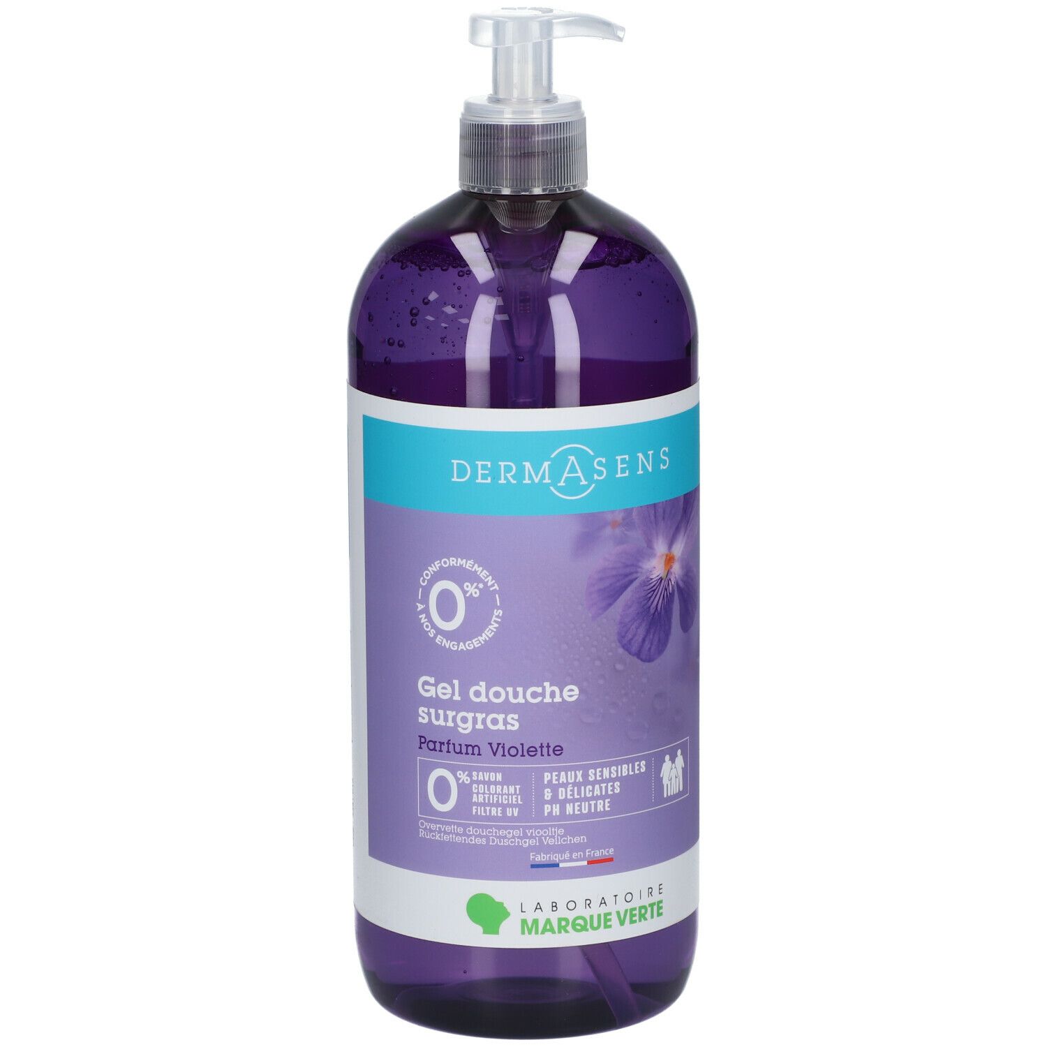 Flacon de gel douche violet. Inscription: DermAsens, Gel douche surgras, Parfum Violette. Avec pompe.